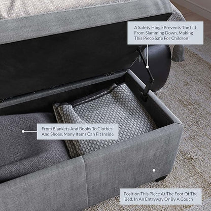 BELLEZE Storage Ottoman, 47 Inch Bench Bedroom Bench with Safety Close Hinge, Extra Long Ottoman with Storage for Living Room, Entryway, Hallway, Foot Rest, Support 300lbs - Gray