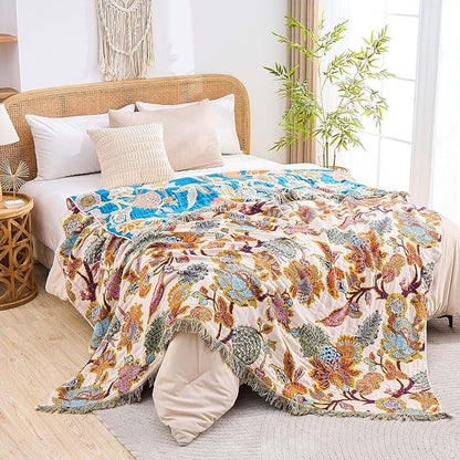 Boho Throw Blanket for Bed, 100% Cotton Soft Rustic Quilt Fall Blanket, 60"x80" Floral Printed Farmhouse Decor Bed Blankets, All Season Rustic Reversible Bohemian Throw Quilt