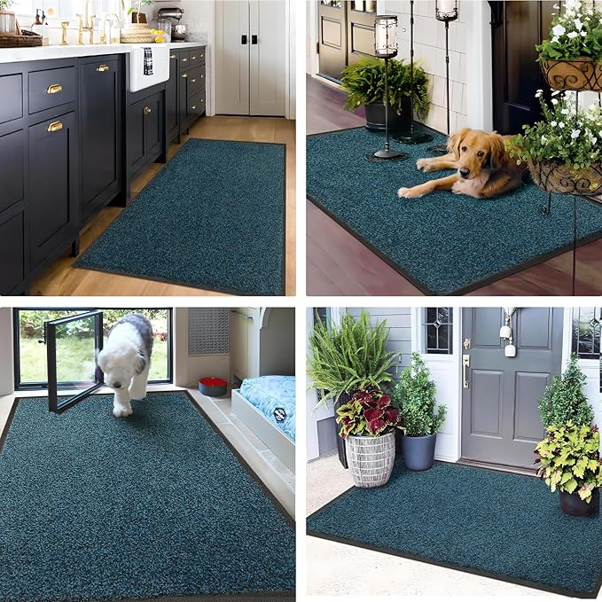 Mibao Front Door Mat, Dirt Trapper Welcome Mat for Outdoor Indoor, Non-Slip Waterproof Doormat, Durable Machine Washable Low Profile Entry Rug for Back Door Outside Patio Porch, 36" x 24", Blue