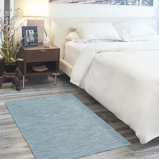 Nourison Positano Indoor/Outdoor Aqua 3' x 5' Area Rug, Easy Cleaning, Non Shedding, Bed Room, Living Room, Dining Room, Backyard, Deck, Patio (3x5)