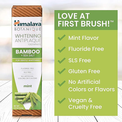 Himalaya Botanique Whitening Antiplaque Toothpaste with Bamboo + Sea Salt, Fluoride Free, for Gentle Whitening, 4 oz, 2 Pack