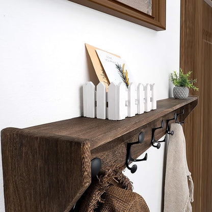 SKOLOO Wall Shelf with Hooks, 24-Inch Weathered Brown Coat Rack Wall Mount with Shelf Organizer - Lightweight & Sturdy, 5 Tri Hooks - Perfect for Entryway, Hallway, Living Room, Bedroom, Mudroom