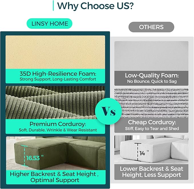 LINSY HOME Modular Sectional Sofa, 134" Boneless Couch U Shaped 4-Seat Sofa with 2 Movable Ottomans, Corduroy Sectional Cloud Couches for Living Room, No Assembly Required, Green