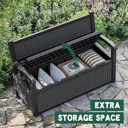 70 Gallon Lockable Outdoor Storage Bench Waterproof, Deck Box Bench for Patio, Porch, Garden, Poolside, Stores Tools & Pool Supplies, Heavy-Duty Outdoor Bench with Storage, Black