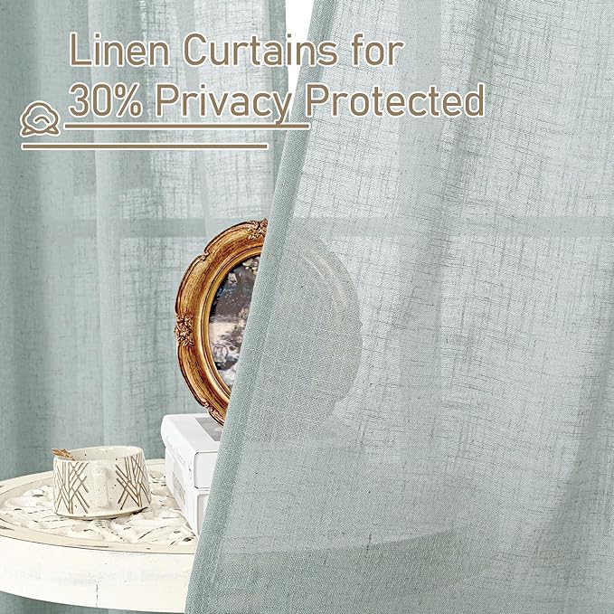 LAMIT Greyish Blue Linen Curtains for Windows 2 Panels Set, 48 Inch Linen Textured Light Filtering Drapes Bronze Grommet Boho Panels for Farmhouse/RV Camper/Loft, 34 x 48 Inch