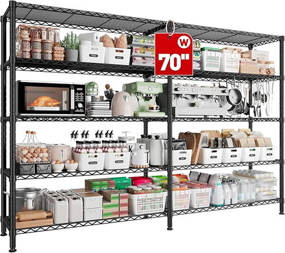 REIBII 70"W Storage Shelves Load 1600LBS, Metal Shelving 5-tier Wire Shelving Unit Metal Shelves for Storage Adjustable Garage Shelving for Pantry Kitchen Garage Commercial school 70"W*15.8"D*72.4"H
