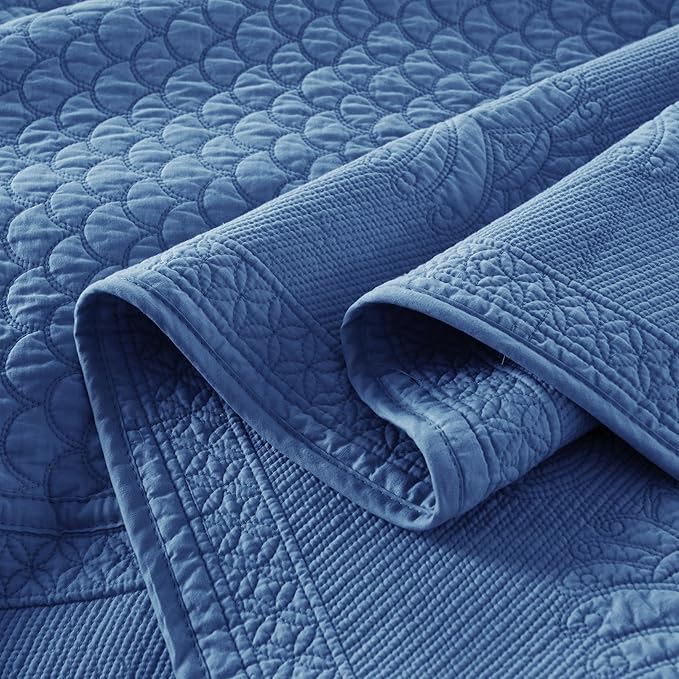 MarCielo 3-Piece 100% Cotton Oversized Bedspread Lightweight Quilt Coverlet Embroidery Farmhouse Bedding Set (TM Midtone Blue, Oversized Queen (100"x106"))
