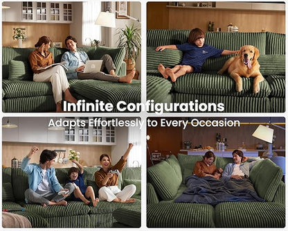 Oversized Modular Sofa, Extra Deep Cloud Corduroy Sectional Couch with Ottoman Chaise, Fluffy Chenille 8 Seater Couch Bed for Living Room, Villa (Sofa Bed 8 Seater, Corduroy Green)