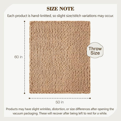 Carriediosa Chunky Knit Throw Blanket 50" X 60", 100% Hand Made Large Chenille Loop Yarn Soft Fluffy Throws for Couch Sofa Bed, Big Crochet Cozy Heavy Thick Cable Woven Blankets, Tan Brown