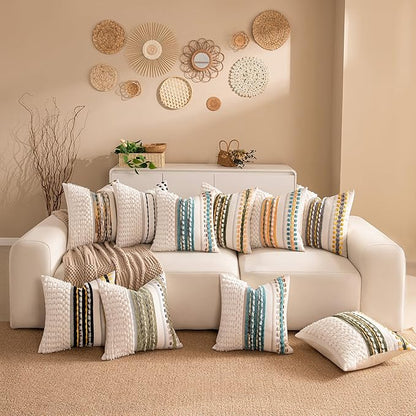 Boho Chenille Tufted Couch Throw Pillow Covers 18x18 Inch Set of 2 Farmhouse Striped Decorative Pillow Covers Accent Neutral Pillowcase Forest Cushion Cover for Living Room Sofa Bed