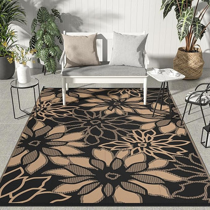 GENIMO Outdoor Rug Waterproof for Patio Decor, 9' x 12' Reversible Plastic Straw Floral Camping Carpet, Large Area Rugs Mats for RV, Camper, Deck, Balcony, Porch, Beach, Picnic, Black & Brown