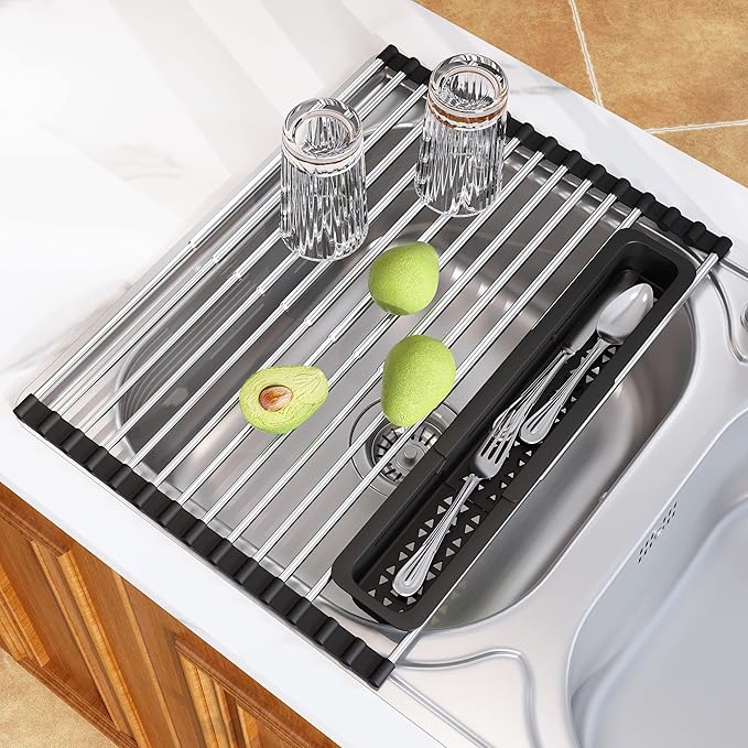 Roll Up Dish Drying Rack, Expandable (12.8"-23.8" D x 12.8" W) Stainless Steel Portable Over The Sink Dish Drainer for Kitchen Sink Counter, Foldable Sink Cover with Removable Utensil Holder