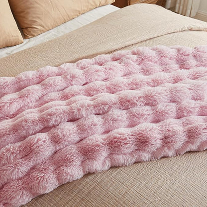 JELLYMONI Faux Fur Throw Blanket, Pink Cozy Plush Bubble Bed Blanket, Thick and Warm, Queen (90" x 90")