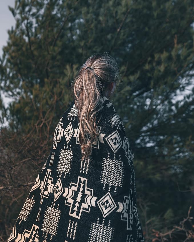 Inca Aztec Throw, Queen, King Blanket | Southwest Indian Navajo Boho Style | Native Cover for Camping, Bedding, Couch, Vanlife | Faux Alpaca, Lightweight, Hypoallergenic (Obsidian Black, Throw)