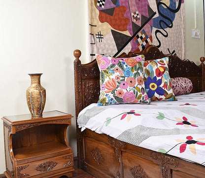 Roses Floral Pillow Cover Flower Farmhouse Chair Cushion Suzani Flowers Pillowcase Boho Florals Accent Throw Pillowsham Wool Hand Embroidered Size 18x18