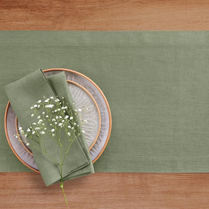 Solino Home Linen Oil Green Table Runner 144 Inches Long - 100% Pure Linen Extra Long Table Runner 14 x 144 Inch for Fall, Autumn, Thanksgiving - Fete