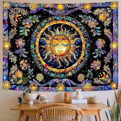 Lunerfex Sun Tapestry Stained Glass Tapestry Wall Decor Tapestries for Bedroom Boho Tapestries Wall Hanging for Bedroom Living Room Glass-Sun-01 60"x80"