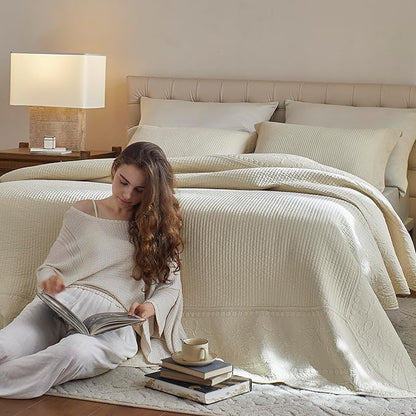 MarCielo 3-Piece 100% Cotton Oversized Bedspread Lightweight Quilt Coverlet Embroidery Farmhouse Bedding Set (TG Yellowish Beige, Oversized King (118"x106"))