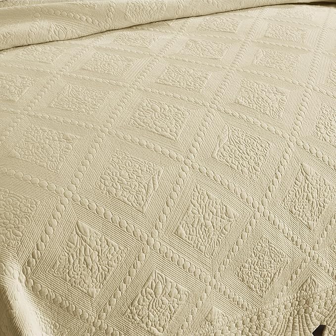 MarCielo 3-Piece 100% Cotton Oversized Bedspread Lightweight Quilt Coverlet Embroidery Farmhouse Bedding Set (Tk Beige Khaki, Oversized King (118"x106"))