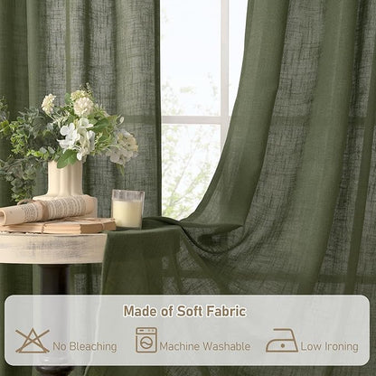 LAMIT Olive Green Linen Sheer Curtains 90 inch for Living Room, Soft Thick Bronze Grommet Light Filtering Boho Window Textured Neutral Drapes for Bedroom Farmhouse, 2 Panels Set, 52 x 90 Inch