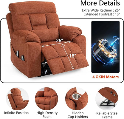 4 OKIN Motor Power Lay Flat Lift Recliner Chair for Elderly Adults Extra Large Recliners with Massage Heat, Adjustable Head-Back-Lumbar-Leg-Support, Extended Footrest, 2 Cup Holders