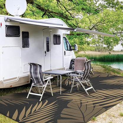 GENIMO Outdoor Rug 9' x 18' Waterproof for Patios Clearance, Reversible Outdoor Plastic Straw Camping Rug Carpet, Large Area Rugs Mats for RV, Camper, Deck, Balcony, Porch, Beach, Picnic, Black&Brown