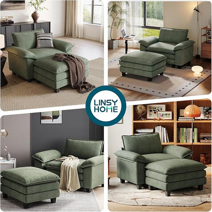 LINSY HOME Sofa Chair with Movable Ottoman - Corduroy Cloud Couch Chair Soft Comfy Modern Sofa Chaise Single Sleeper Chair Bed for Living Room Apartment Office, Green