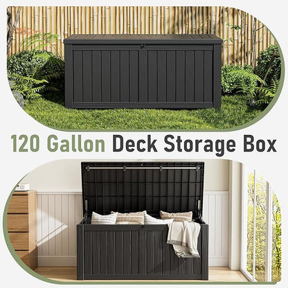 KAMABOKO Outdoor Storage Box, 120 Gallon Large Outdoor Resin Deck Box, Storage Waterproof Boxes Lockable Lid for Garden Tools, Pool Supplies, Patio Furniture and Cushions, Black