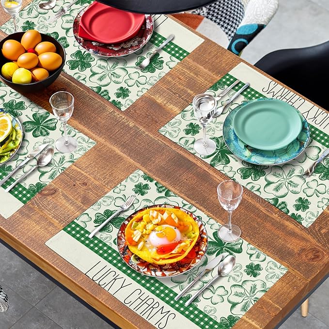 Green Shamrock St Patricks Day Placemats Set of 4 Lucky Clover Plaid Check Table Mat 12x18 Inch St. Patrick's Day Seasonal Holiday Place Mats Spring Linen Placemat for Party Kitchen Dining Decor