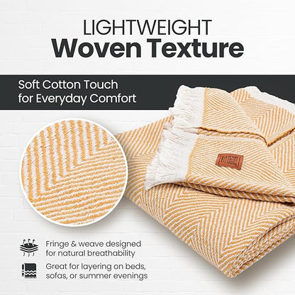 Gold Case Throw Blanket for Couch – 100% Recycled Turkish Cotton Blankets & Throws – Elegant Decorative Throw Blankets for Living Room Sofa – Woven Throws for Couch – Elegant Mustard – 60x80