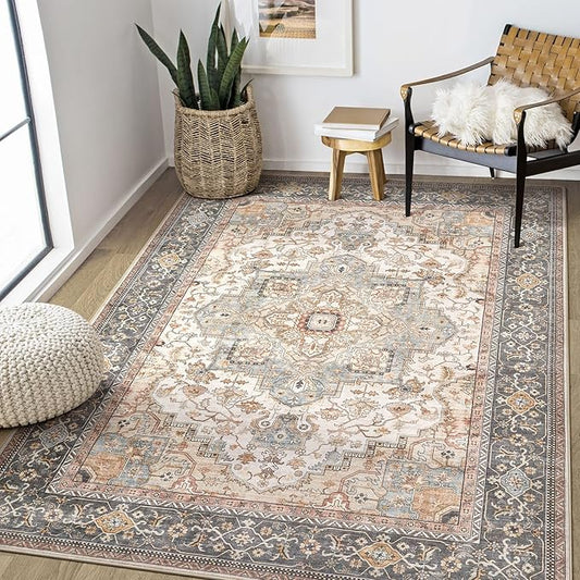 Washable Area Rugs for Living Room - 5x7 Neutral Vintage Distressed Floral Farmhouse Boho Large Soft Floor Rug Indoor Non Slip Carpet for Bedroom Dining Room Office - Forest Green Orange