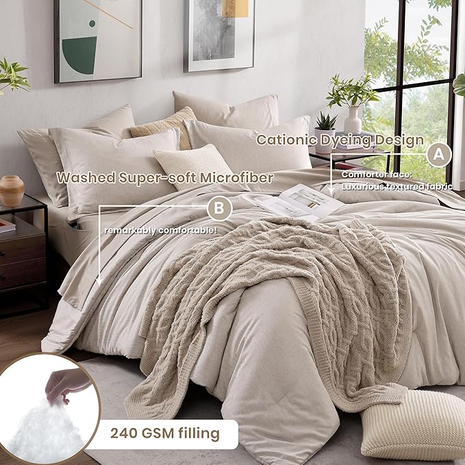 Monbix California King Comforter Set - 7 Pieces Cationic Dyeing Oatmeal Bed in a Bag Cal King Bed Sets with Comforter, Sheets, Pillowcases & Shams, Reversible Bedding Comforters Sets (108 * 92)