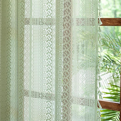Sutuo Home Boho Sheer Curtains for Kitchen Kid's Room,Crochet Lace Bohemian Hollow Knitted Handmade Tassels Window Treatment Vintage Chic Rod Pocket Farmhouse Drapes, 1 Panel 59" W x 63" L, Mint Green