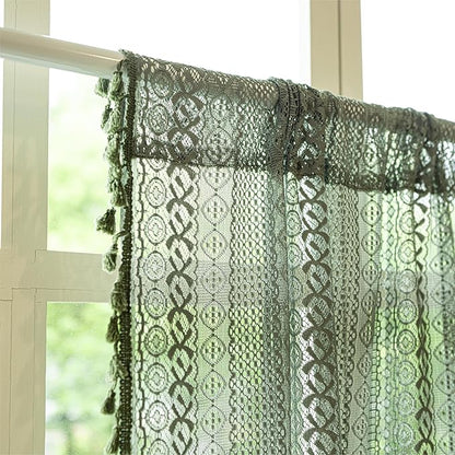 Sutuo Home Olive Green Boho Valance Curtains for Kitchen Cafe,Crochet Lace Sheer Bohemian Hollow with Handmade Tassels, Privacy Vintage Cottage Retro Farmhouse Tier, Rod Pocket 1 Panel 59" W x 36" L