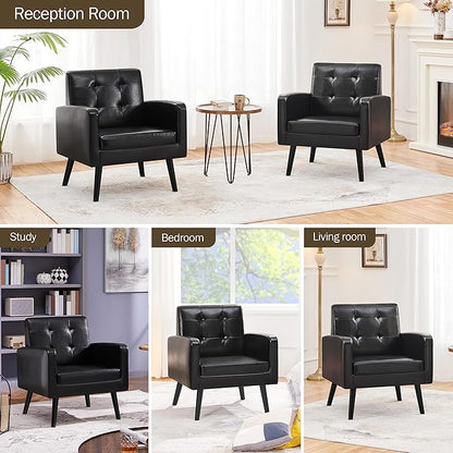 Yaheetech Mid-Century Accent Chairs, PU Leather Modern Upholstered Living Room Chair, Cozy Armchair Button Tufted Back and Wood Legs for Bedroom/Office/Cafe Black 2PCS
