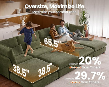 Oversized Modular Sofa, Extra Deep Cloud Chenille Sectional Couch with Ottoman Chaise, Fluffy Chenille 3 Seater Sofa for Living Room, Villa (Basic 3 Seater, Chenille Green)