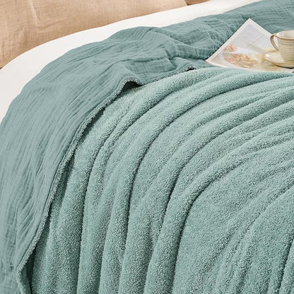 EMME Muslin and Fleece Throw Blanket Reversible - 50"*60" Teal Soft Warm Throw Blankets for Couch Bed Picnic Travel Bed