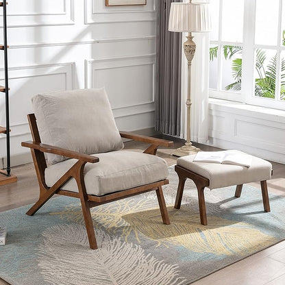 chairus 2 Sets Mid-Century Modern Accent Chairs with Ottoman, Linen Fabric Armchair with Wood Legs Comfy Upholstered Single Sofa Chair for Living Room/Bedroom/Lounge, Beige