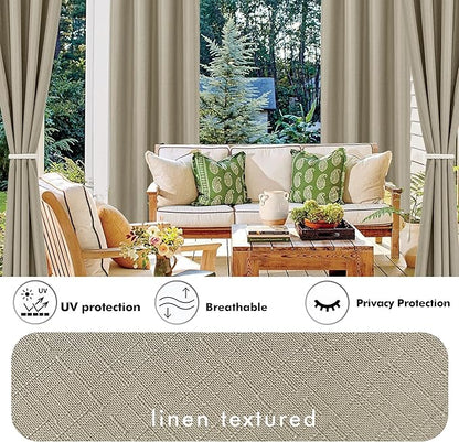 HolidayIdeas 4 Panels Linen Outdoor Curtains for Patio Waterproof Taupe Outside Curtains 110"x95"-Gazebo Wide Curtains Weighted Weatherproof, Privacy for Pergola, Porch, Cabana, Deck, Sunroom