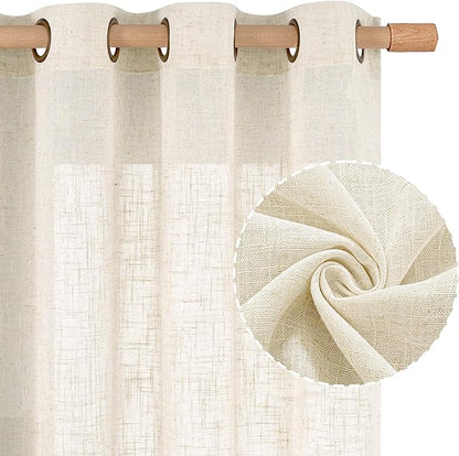 LAMIT Cream Linen Curtains 90 Inch Long 2 Panels Set for Bedroom Living Room, Soft Thick Bronze Grommet Window Drapes Semi Sheer Light Filtering Panels Farmhouse, 52 x 90 Inch, Cream Ivory