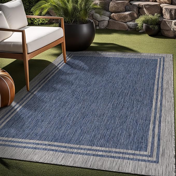 Bordered Outdoor Rug 9x12 Washable Outside Carpet for Indoor Patio Porch Waterproof Easy Cleaning Non Shedding Area Rugs Navy 9 x 12