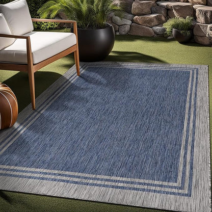 Bordered Outdoor Rug 9x12 Washable Outside Carpet for Indoor Patio Porch Waterproof Easy Cleaning Non Shedding Area Rugs Navy 9 x 12