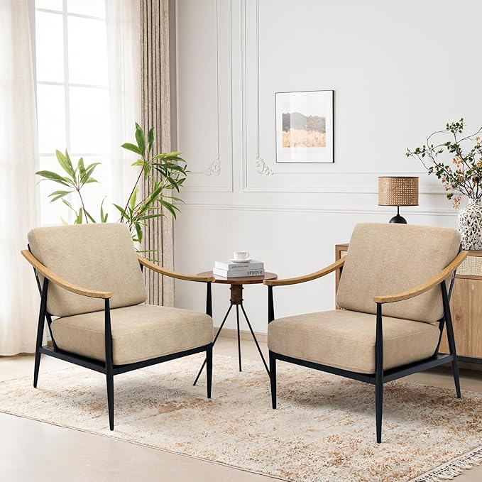 Modern Accent Chair for Living Room Bedroom Mid Century Arm Chair Upholstered Office Accent Chair Comfy Waiting Room Chair with Metal Frame, Khaki