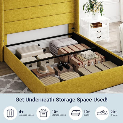 Allewie Queen Size Lift Up Storage Bed, Modern Wingback Headboard, Hydraulic Support, No Box Spring Needed, Olive Yellow