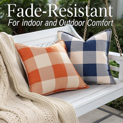 decorUhome Buffalo Plaid Check Throw Pillow Covers 16x16 Set of 2, Outdoor Decorative Farmhouse Neutral Pillow Covers with Stitched Edge for Bed Couch Sofa, Navy Blue and White