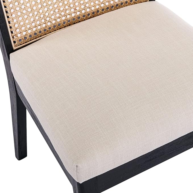 VESCASA Upholstered Dining Chairs with Square Wooden Rattan Back, Armless Padded Linen Cushion Dining Chairs with Wood Legs for Dining Room, Kitchen, Set of 4, Black Frame