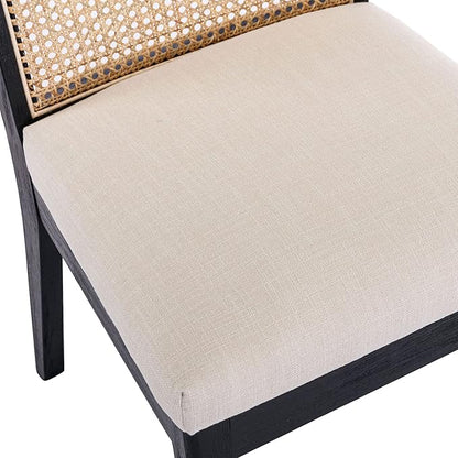 VESCASA Upholstered Dining Chairs with Square Rattan Back, Armless Padded Linen Cushion Dining Chairs with Wood Legs for Dining Room, Kitchen, Set of 2, Black Frame