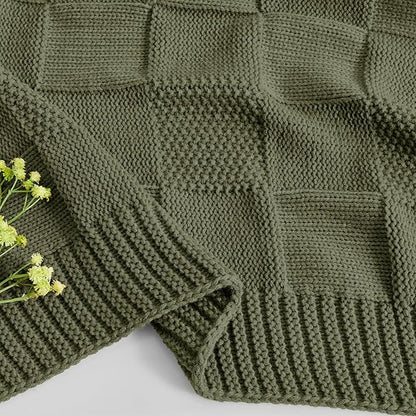 CozeCube Check Knit Throw Blanket, Olive Green Checkered Throw for Couch, Decorative Christmas Soft Cozy Warm Knitted Blanket for Bed Sofa Living Room, 50"X60"