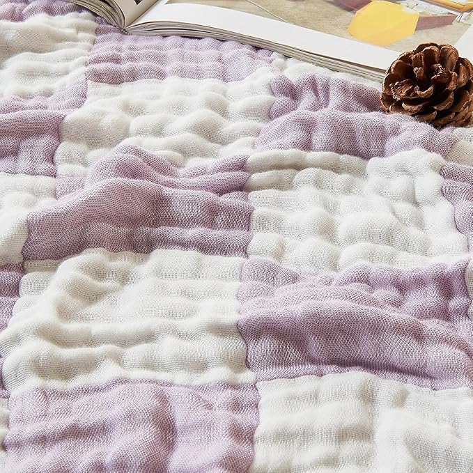 EMME Checkered Cotton Blanket Twin Large 60"x80" 100% Muslin for Couch Breathable Cooling Gauze All Season Soft and Lightweight (Lavender)