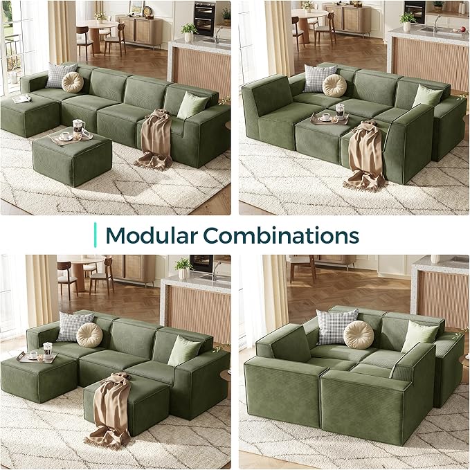 LINSY HOME Modular Sectional Sofa, 134" Boneless Couch U Shaped 4-Seat Sofa with 2 Movable Ottomans, Corduroy Sectional Cloud Couches for Living Room, No Assembly Required, Green